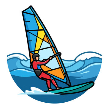 Colorful Windsurfer Riding Ocean Waves, Flat Vector Illustration of Water Sport and Outdoor Adventure