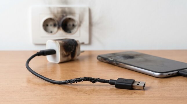 Burnt smartphone charger and damaged power cable plugged into a scorched wall electrical outlet