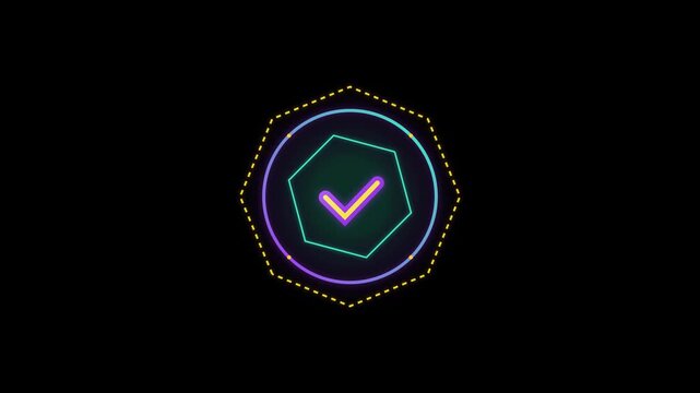 Geometric multi-layer check mark animation featuring rotating octagon, hexagon, and dashed circle strokes with purple, teal, and gold accents on alpha channel. 