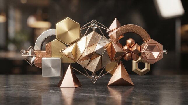 A metallic sculpture composed of various geometric shapes, including cubes, spheres, and pyramids, arranged in a complex,