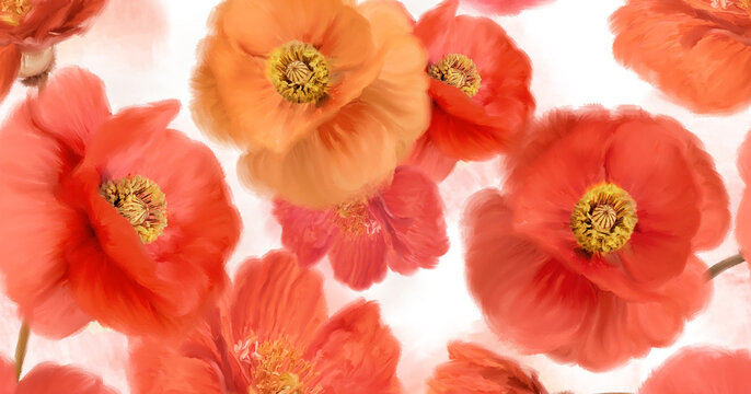 Vibrant Red Poppy Blossoms Seamless Floral Pattern Close Up Soft Focus Watercolor Digital Painting Texture