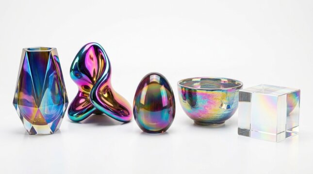 A collection of iridescent glass objects, including a vase, a bowl, and two egg-shaped objects, arranged on a white background with a soft, diffused light source.