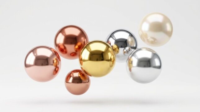 A collection of metallic spheres of varying sizes and colors, including gold, silver, and bronze, floating in a white space with a soft, diffused light source.