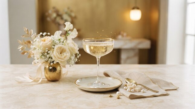 A champagne flute filled with champagne, placed on a table with a floral arrangement and a napkin.