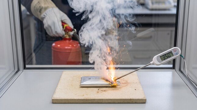 Lithium-ion battery undergoing thermal runaway test with digital thermometer in a laboratory setting
