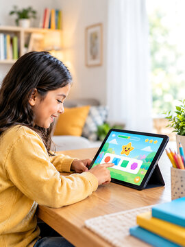 Young girl using a tablet for gamified educational learning at a desk isolated cutout