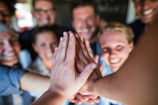 Group of diverse smiling colleagues joining hands together in a celebratory team building moment