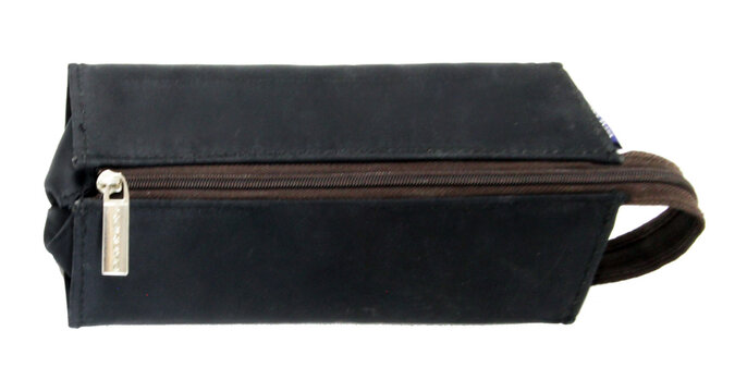 Black Fabric Zippered Pencil Case Pencil Pouch with Side Carrying Loop Isolated on Pure White Background