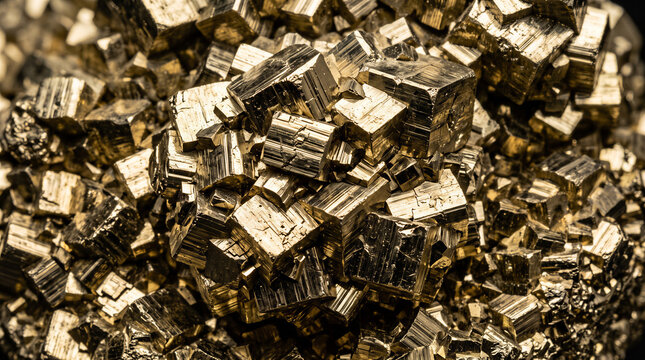 This detailed macro photography displays interlocking metallic pyrite cubic crystals. The golden brassy surface features sharp geometric angles and deep shadows, providing an industrial background.