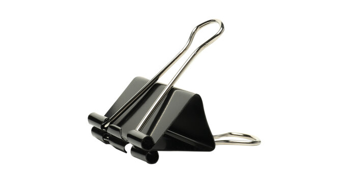 Single Black Metal Foldback Binder Clip Standing Upright Angle Perspective Isolated on Pure White Background