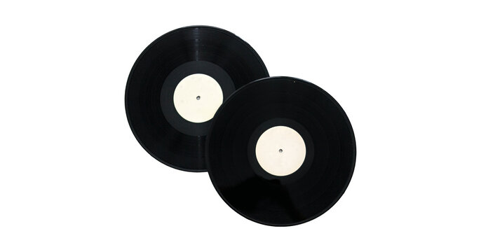 Pair of Classic Black Vinyl Records with Blank White Center Labels Stacked Isolated on White Background
