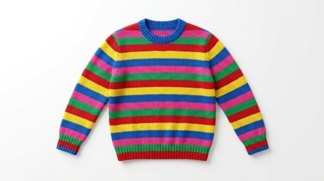 A colorful striped sweater with a round neckline, made of a thick, textured fabric, is displayed against a white background.