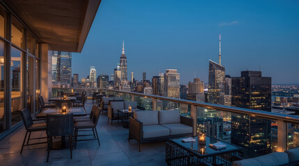 Obraz premium Modern rooftop lounge overlooking vibrant city skyline at blue hour with warm ambient lighting