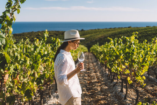 Woman holding a wine glass while standing in a sunny coastal vineyard with sea view