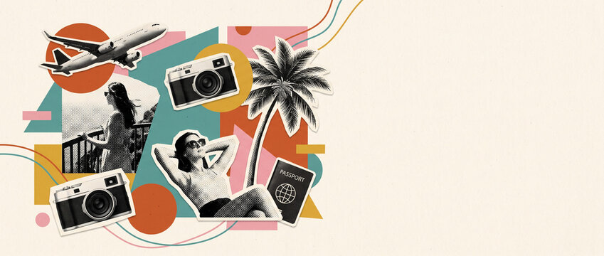 Trendy Retro vintage collage Travel Summer holiday vacation banner design with Retro travel scrapbook collage with woman and vintage cameras, airplane, palm tree background with empty space for text