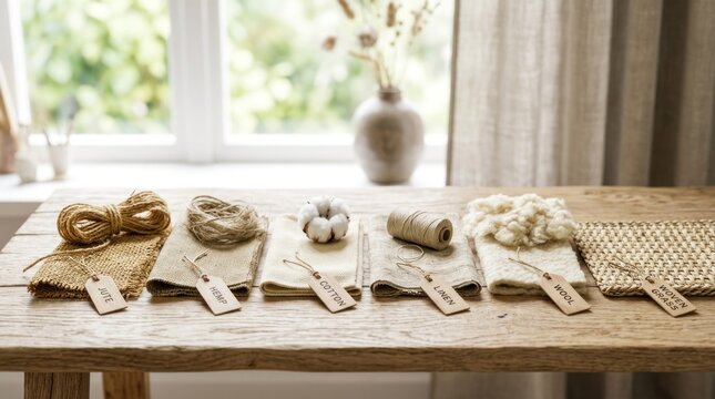 A wooden table with a variety of natural materials and objects, including twine, cotton balls, and wool, arranged neatly on top.