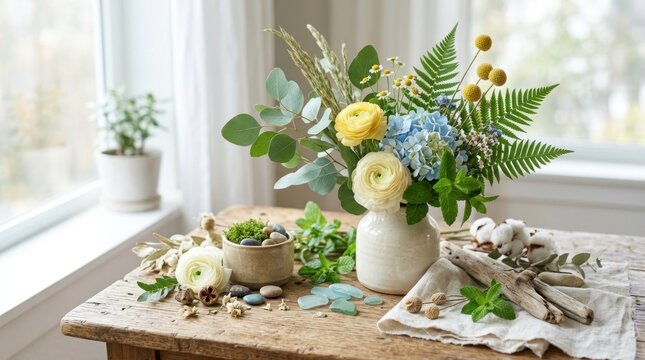 A beautiful floral arrangement with yellow and blue flowers, greenery, and a white vase on a wooden table in front of a window with a white curtain.