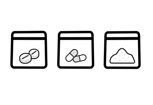 Three medicine sachet icon set with tablet capsule and powder