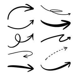 Fototapeta premium Hand Drawn Black Arrow Set PNG on Transparent Background, Sketchy Curved Arrow Signs, Graphic Design Elements for Business Presentation, Flowchart Pointers