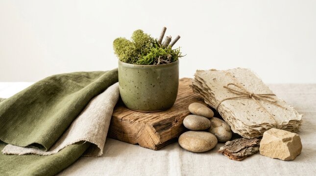 A green and white ceramic pot with moss and twigs, placed on a wooden block with rocks and stones, on a white tablecloth with a green napkin and a stack of papers tied with a string.