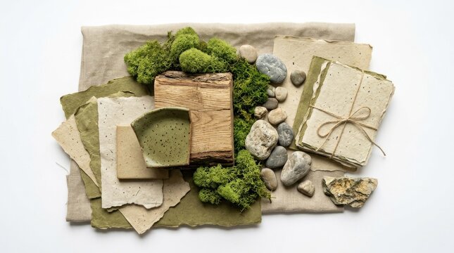 A collection of natural materials, including moss, rocks, and fabric, arranged on a white background with a neutral color palette.