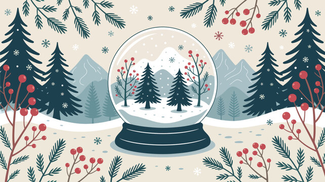 Winter snow globe illustration with pine trees, mountains, and festive red berries on a soft beige background, perfect for holiday greeting cards and seasonal designs
