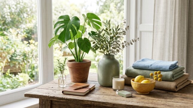 A wooden table with a green plant, a vase, and a stack of towels in a natural, serene setting with a window and a view of a garden.