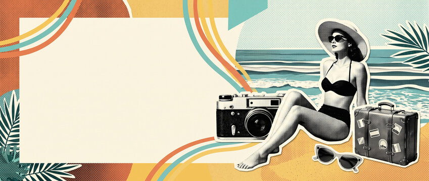 Retro beach vacation collage banner with woman in bikini relaxing, suitcase, camera, sunglasses, and ocean view on colorful background, vintage style for social media cover website header deign