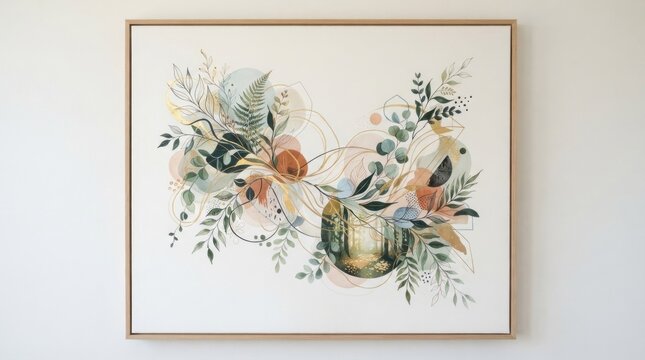 A framed, abstract floral and botanical illustration with a gold frame on a white wall.