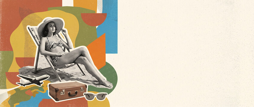 Vintage travel collage banner with woman sunbathing in chair, suitcase, camera, sunglasses, and airplane, colorful abstract background, retro style for social media cover website header deign