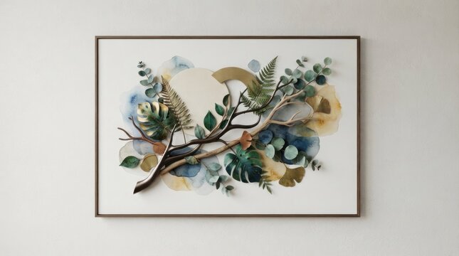 A framed artwork featuring a branch with leaves and a circular design in the background, set against a white wall.