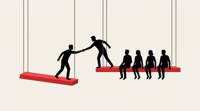 People silhouettes helping each other reach across suspended red platforms