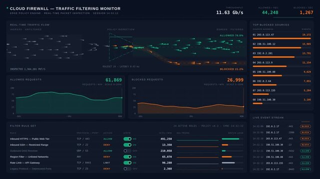 Digital cloud firewall monitoring dashboard showing network security data