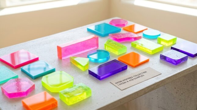 A collection of colorful, transparent, geometric shapes arranged on a white surface with a neutral background.