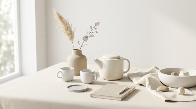 A serene, minimalist tea setting with a white teapot, ceramic mugs, 