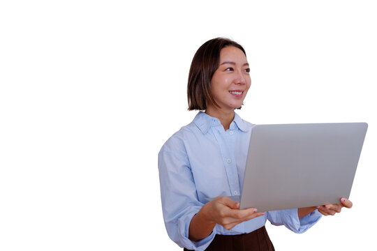 Professional asian woman holding a laptop, smiling, thinking about business success, transparent background