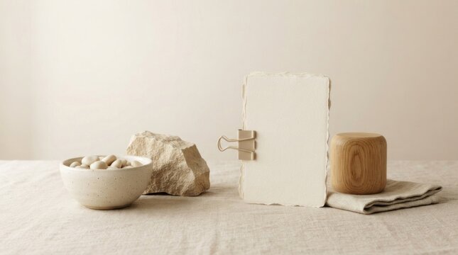 A blank white card with a natural stone and a wooden block on a beige tablecloth, with a bowl of white stones and a rock in the background.