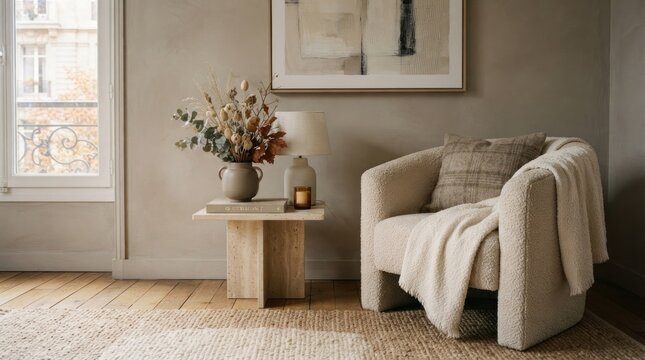 A cozy living room with a beige armchair, a side table with a vase and a candle, and a large rug on the wooden floor.