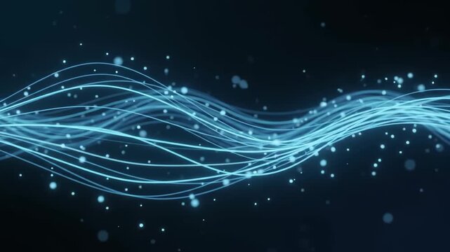 Abstract Glowing Blue Fiber Optic Light Lines and Particles Motion Loop
