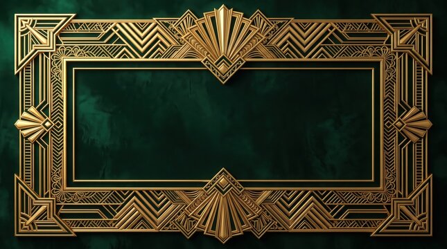 Luxurious gold Art Deco vintage rectangular frame on a dark emerald green background