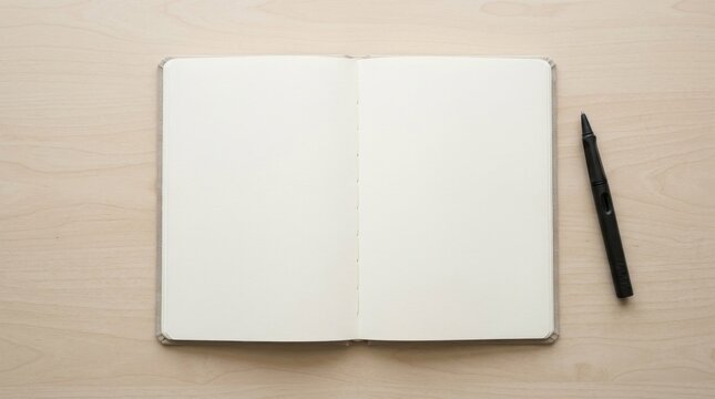An open notebook with blank pages and a black pen on a wooden table.