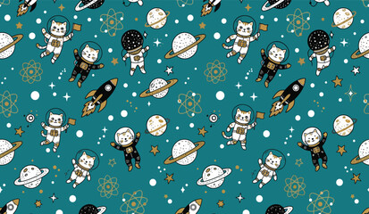 Seamless Vector Pattern featuring Adorable Space Cats, Rocket Ships, Saturn Planets and Shiny Stars on Teal Background. Perfect for Children's Apparel, Nursery Wallpapers and Scrapbooking. © Masum