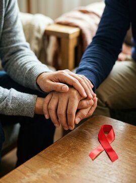 Two people holding hands gently showing support and empathy indoors with a red awareness ribbon placed on a wooden table. Healthcare campaign symbol for World AIDS Day and disease prevention.