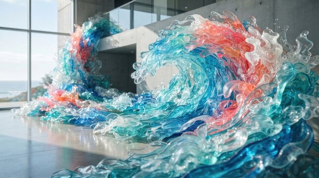 A large, colorful glass wave sculpture with blue, red, and orange hues, displayed in an indoor setting with a glass wall and concrete pillars.