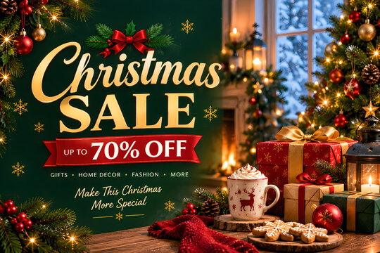 Christmas sale banner with 30 off discount and festive decorations