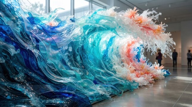 A large, colorful wave sculpture made of glass and plastic, with vibrant blue, orange, and white colors, displayed in an art gallery.