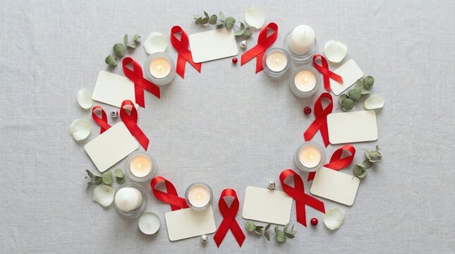 A wreath arrangement of red awareness ribbons, burning candles, blank cards, and white flower petals on a light fabric background. World AIDS Day healthcare campaign background and memorial design.