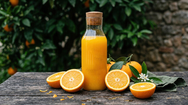 A glass bottle of orange juice with a cork lid, surrounded by fresh oranges and leaves, placed on a wooden table in a lush, green garden setting.