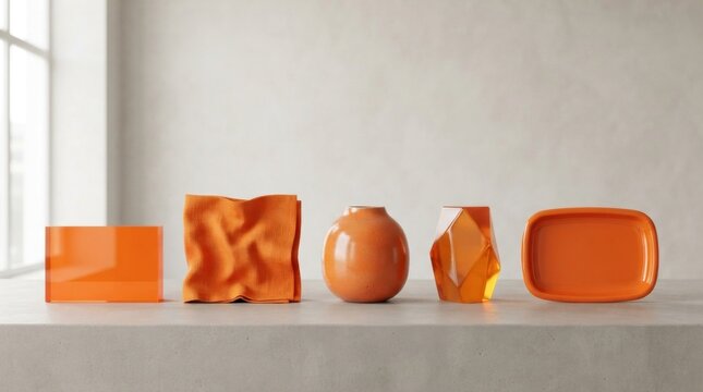 Orange vases and a rectangular plate on a concrete surface, with a window in the background.
