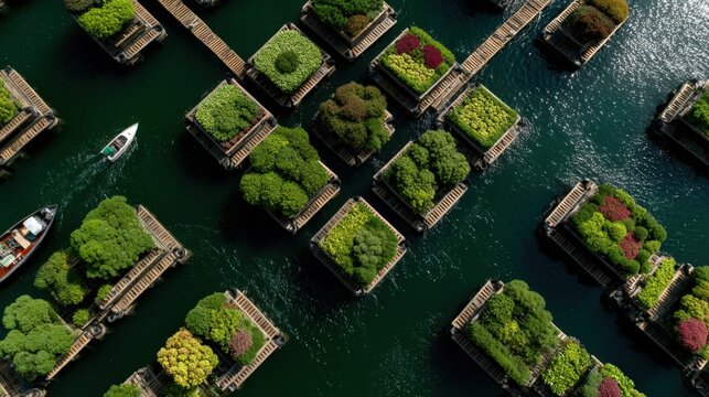 Aerial View of Water Farms with Boats on Turquoise Water, Aquaculture and Sustainable Farming Practices in Southeast Asia